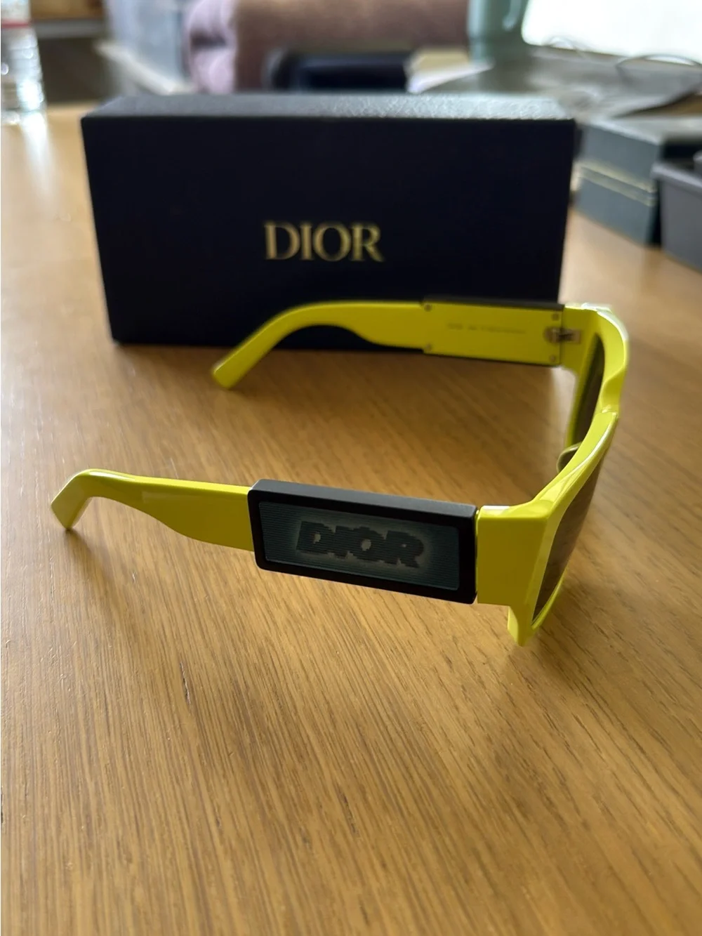 Dior Neon yellow Rectangular Logo Temple Sunglasses